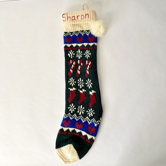 Vintage Pom-Pom Snowflake Chanel Knit Stocking Candy Canes Red Green‎ Blue ￼￼ - Picture 7 of 8